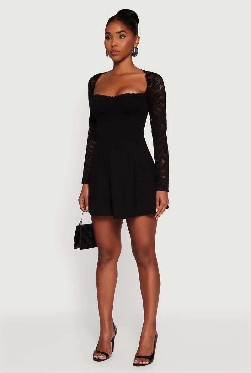 Womens Lace Long Sleeve Sweetheart Skater Dress, Black, Size M