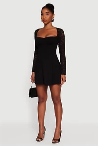 Womens Lace Long Sleeve Sweetheart Skater Dress, Black, Size M