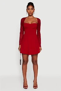 Womens Lace Long Sleeve Sweetheart Skater Dress, Red, Size M