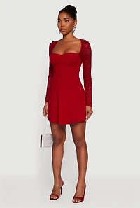 Womens Lace Long Sleeve Sweetheart Skater Dress, Red, Size M