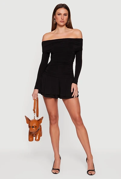 Ruched Fold Over Off the Shoulder Tiered Skater Dress