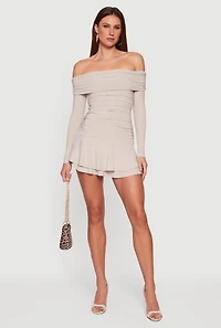Womens Ruched Fold Over Off the Shoulder Tiered Skater Dress, Beige, Size L