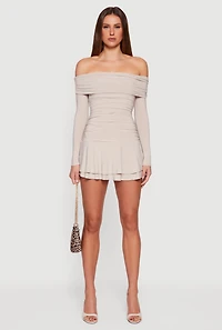 Ruched Fold Over Off the Shoulder Tiered Skater Dress