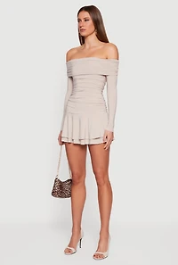 Womens Ruched Fold Over Off the Shoulder Tiered Skater Dress, Beige, Size L