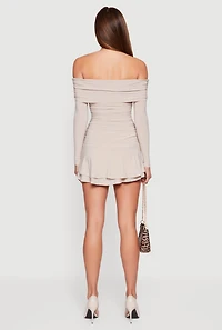 Ruched Fold Over Off the Shoulder Tiered Skater Dress