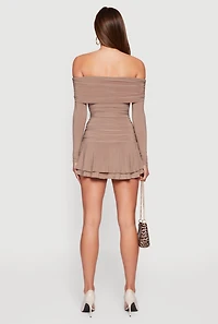 Ruched Fold Over Off the Shoulder Tiered Skater Dress