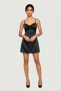 Satin Bow Front V-Neck Mini Dress