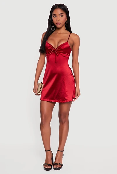 Satin Bow Front V-Neck Mini Dress