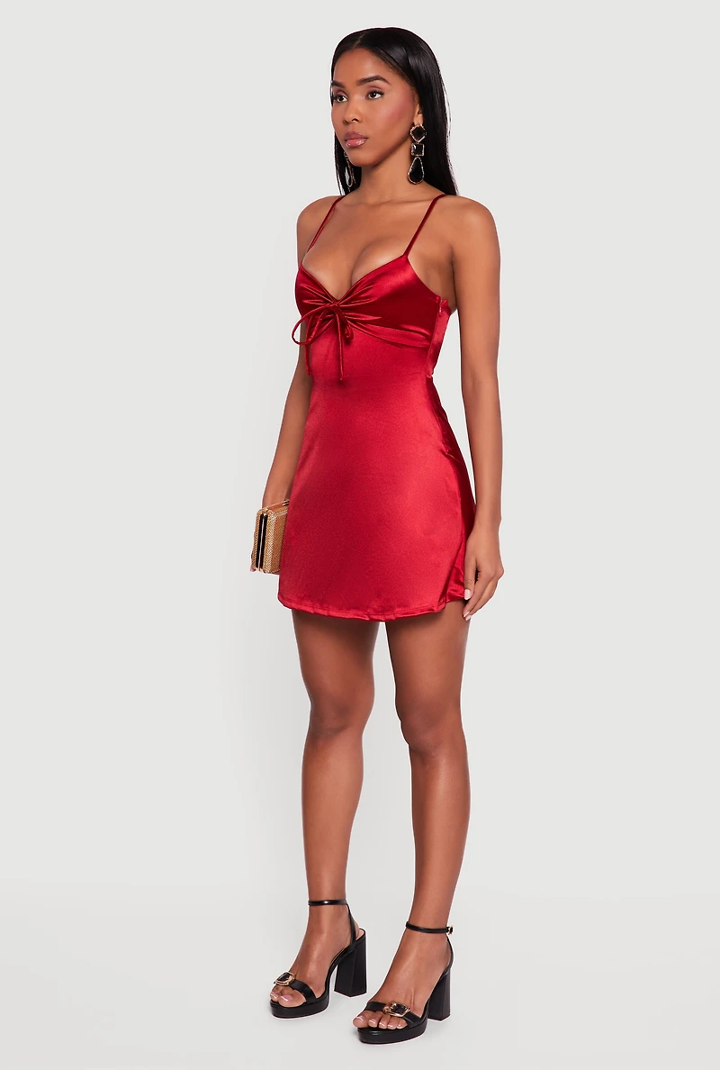 Satin Bow Front V-Neck Mini Dress