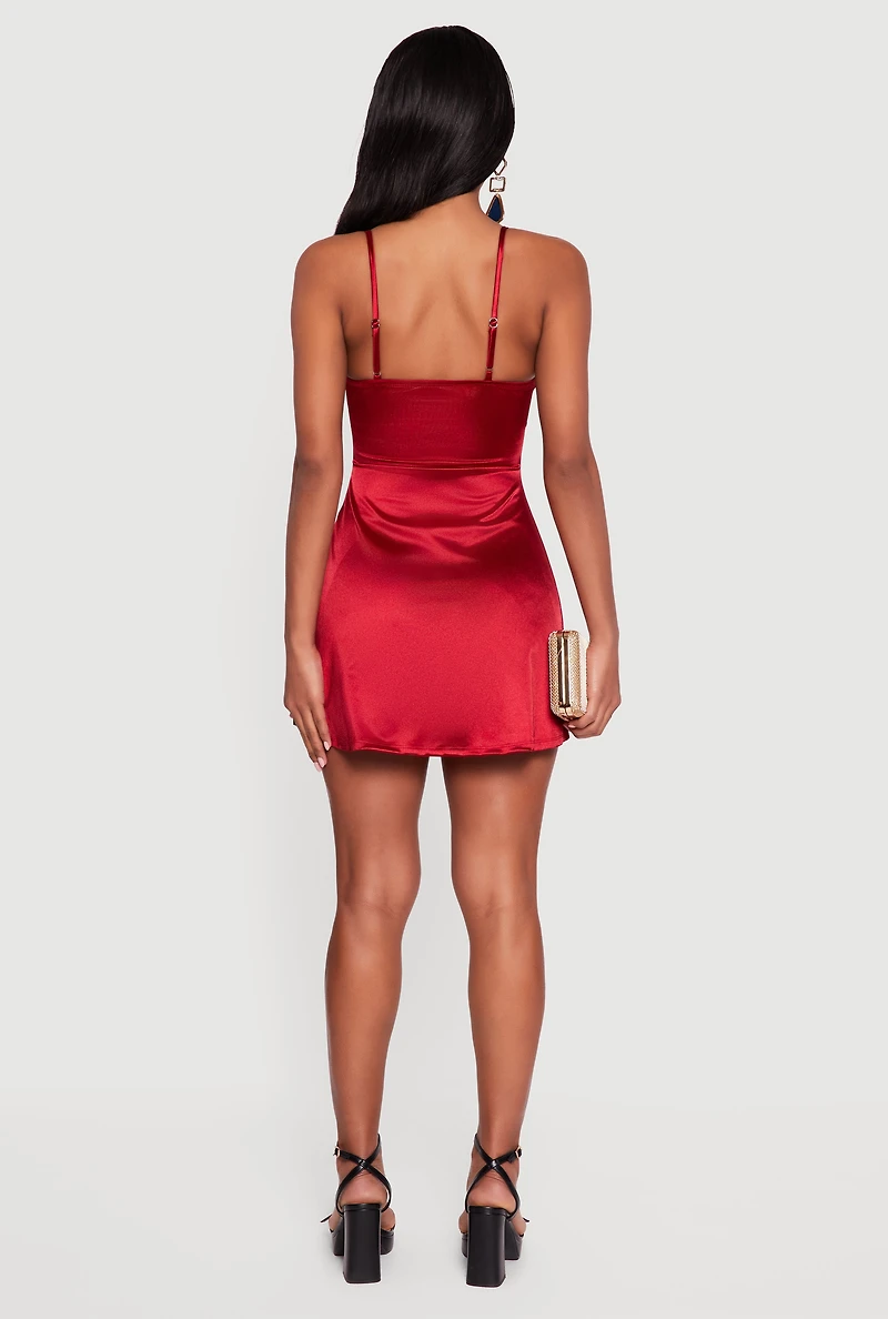 Satin Bow Front V-Neck Mini Dress