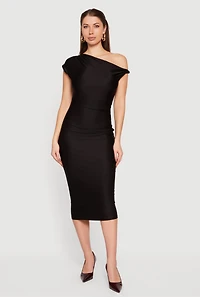 Womens One Shoulder Cap Sleeve Ruched Midi Dress, Black, Size M