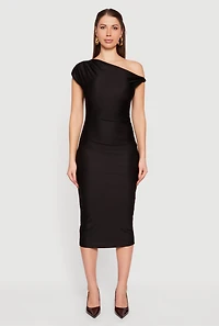 One Shoulder Cap Sleeve Ruched Midi Dress