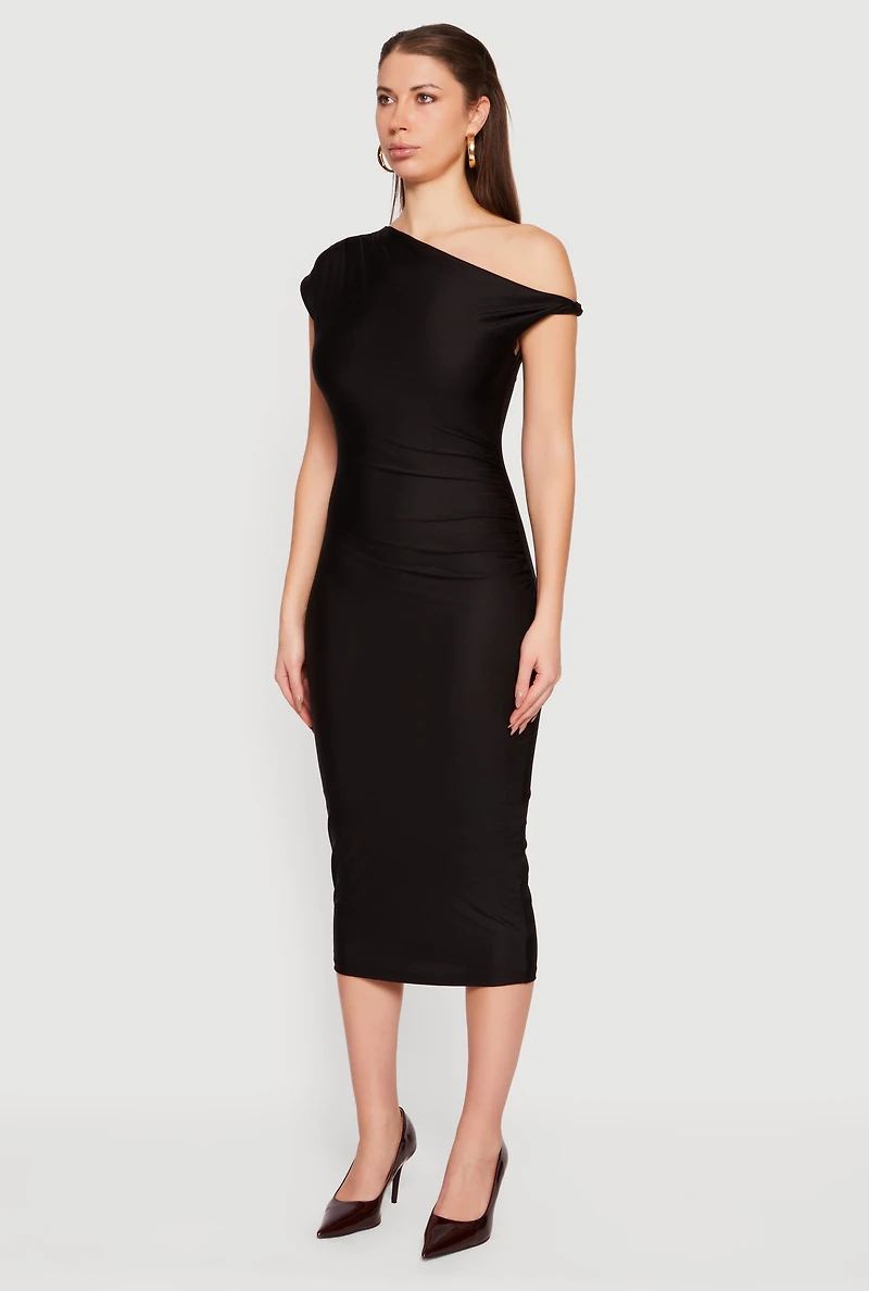 Womens One Shoulder Cap Sleeve Ruched Midi Dress, Black, Size M