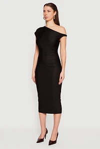 Womens One Shoulder Cap Sleeve Ruched Midi Dress, Black, Size M