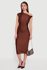 One Shoulder Cap Sleeve Ruched Midi Dress