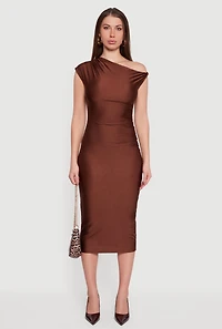 One Shoulder Cap Sleeve Ruched Midi Dress