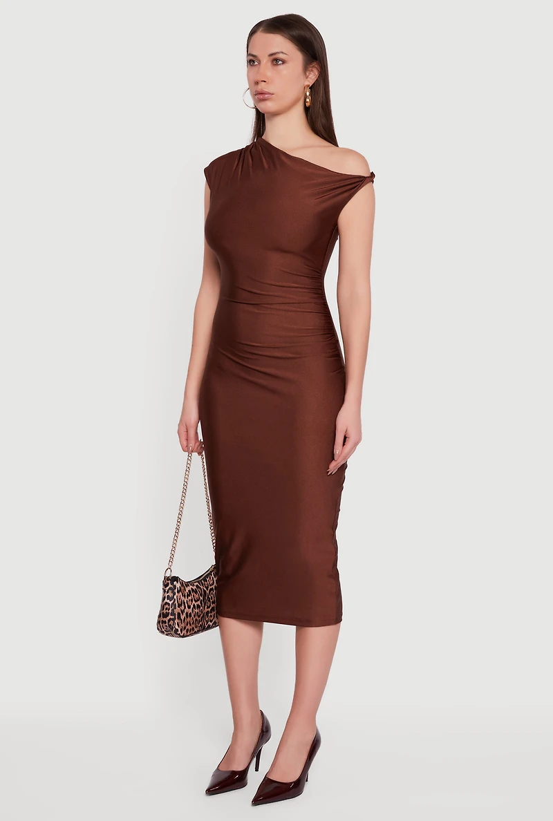 One Shoulder Cap Sleeve Ruched Midi Dress