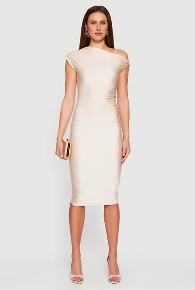 Womens One Shoulder Cap Sleeve Ruched Midi Dress,