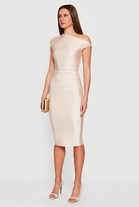 One Shoulder Cap Sleeve Ruched Midi Dress