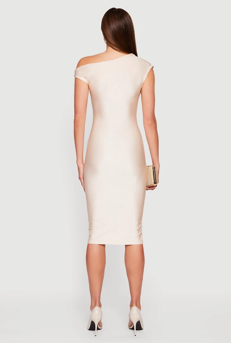 One Shoulder Cap Sleeve Ruched Midi Dress