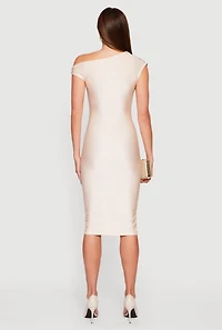 One Shoulder Cap Sleeve Ruched Midi Dress