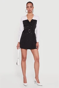Pinstripe Belted Blazer Mini Dress with Shirt Collar