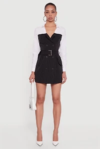 Pinstripe Belted Blazer Mini Dress with Shirt Collar