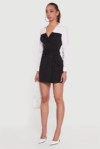 Pinstripe Belted Blazer Mini Dress with Shirt Collar