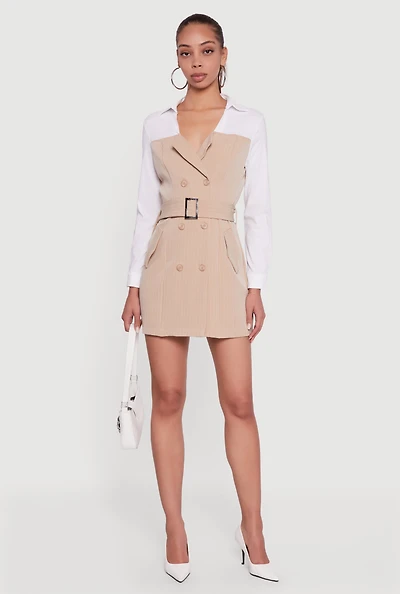 Womens Pinstripe Belted Blazer Mini Dress with Shirt Collar, Beige, Size L