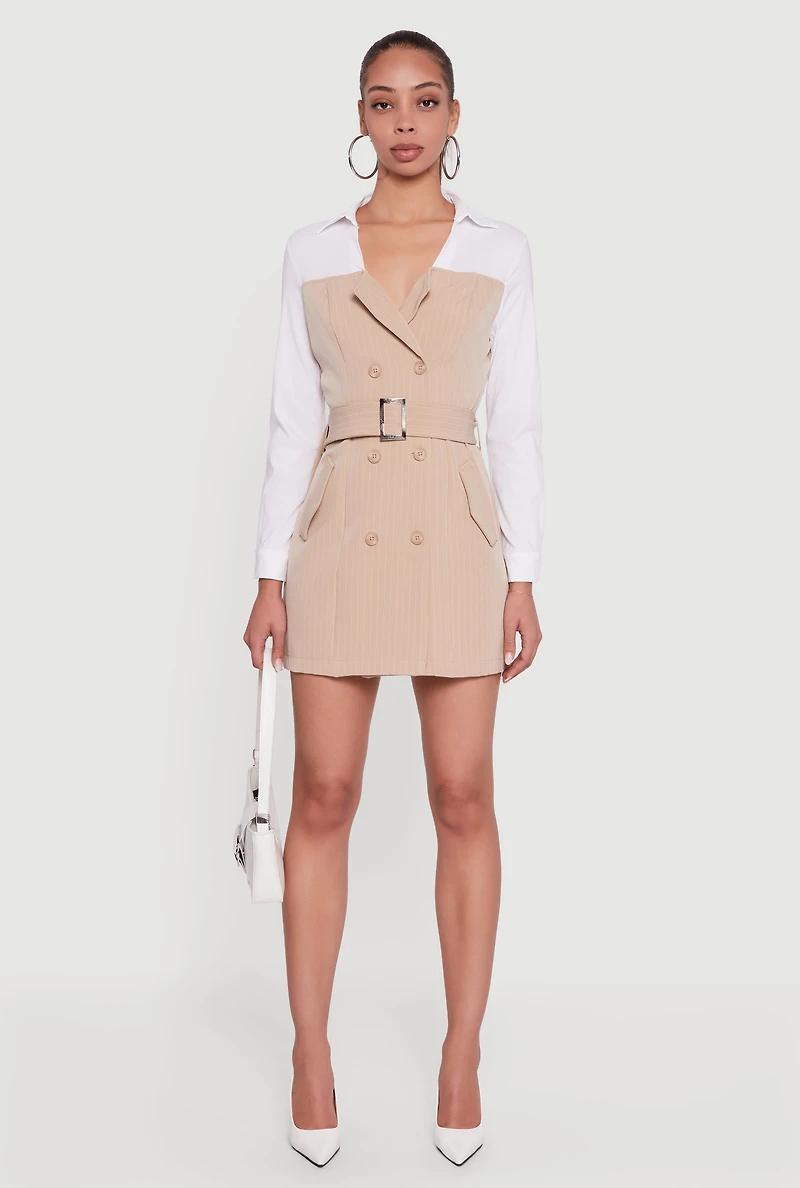 Womens Pinstripe Belted Blazer Mini Dress with Shirt Collar, Beige, Size L