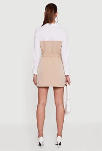 Womens Pinstripe Belted Blazer Mini Dress with Shirt Collar, Beige, Size L