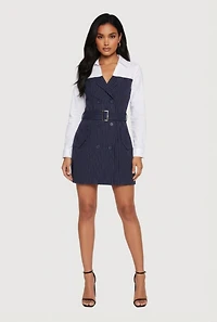 Pinstripe Belted Blazer Mini Dress with Shirt Collar