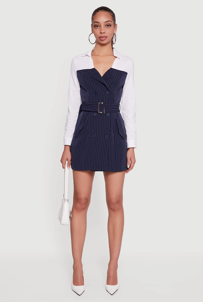 Pinstripe Belted Blazer Mini Dress with Shirt Collar