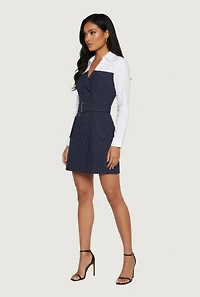 Pinstripe Belted Blazer Mini Dress with Shirt Collar
