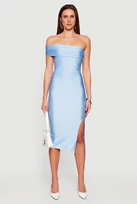 Off the Shoulder Ruched Midi Dress with Side Slit