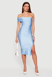 Off the Shoulder Ruched Midi Dress with Side Slit