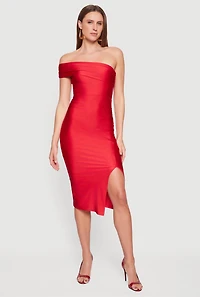 Womens Off the Shoulder Ruched Midi Dress with Side Slit, Red, Size L