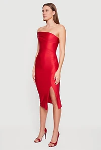Womens Off the Shoulder Ruched Midi Dress with Side Slit, Red, Size L