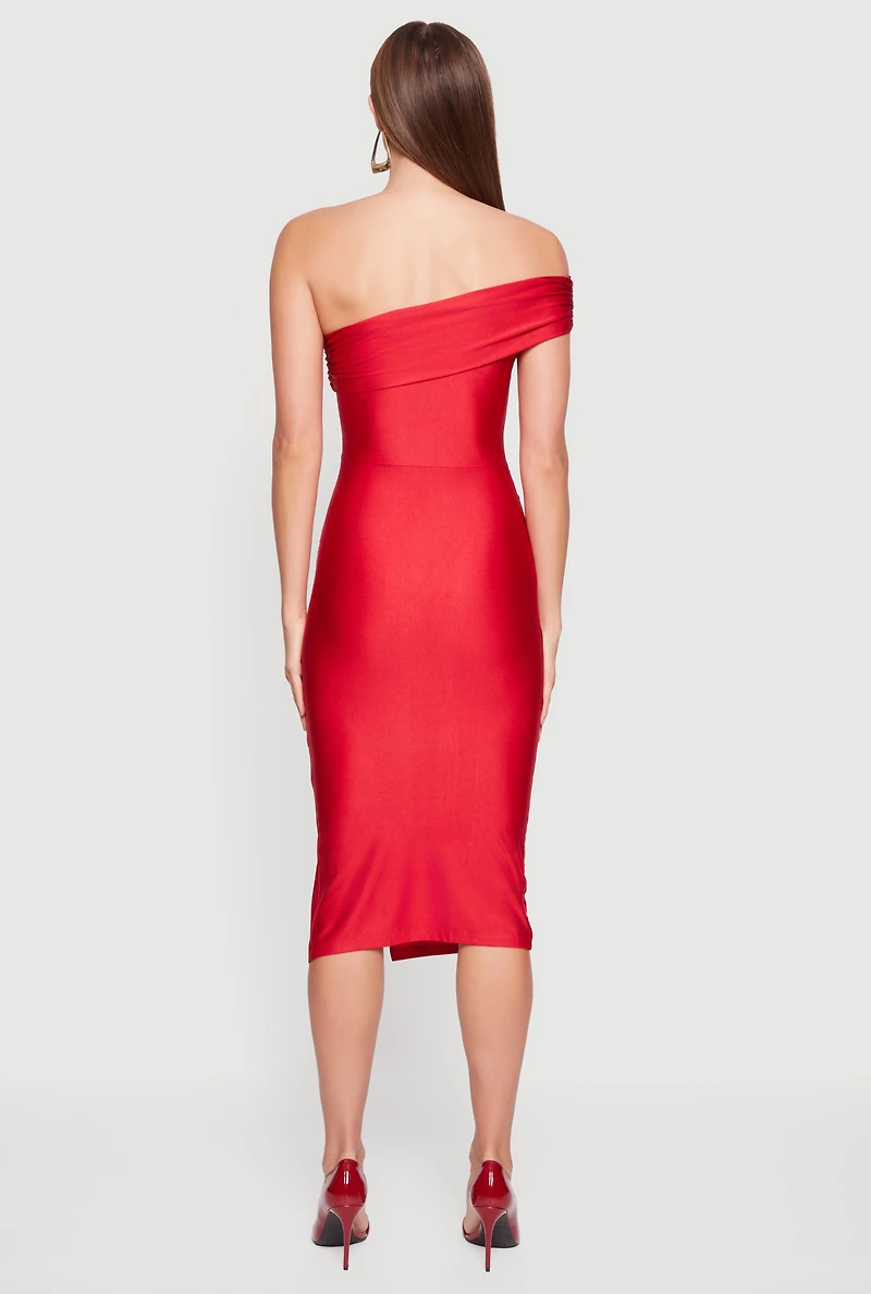 Womens Off the Shoulder Ruched Midi Dress with Side Slit, Red, Size L