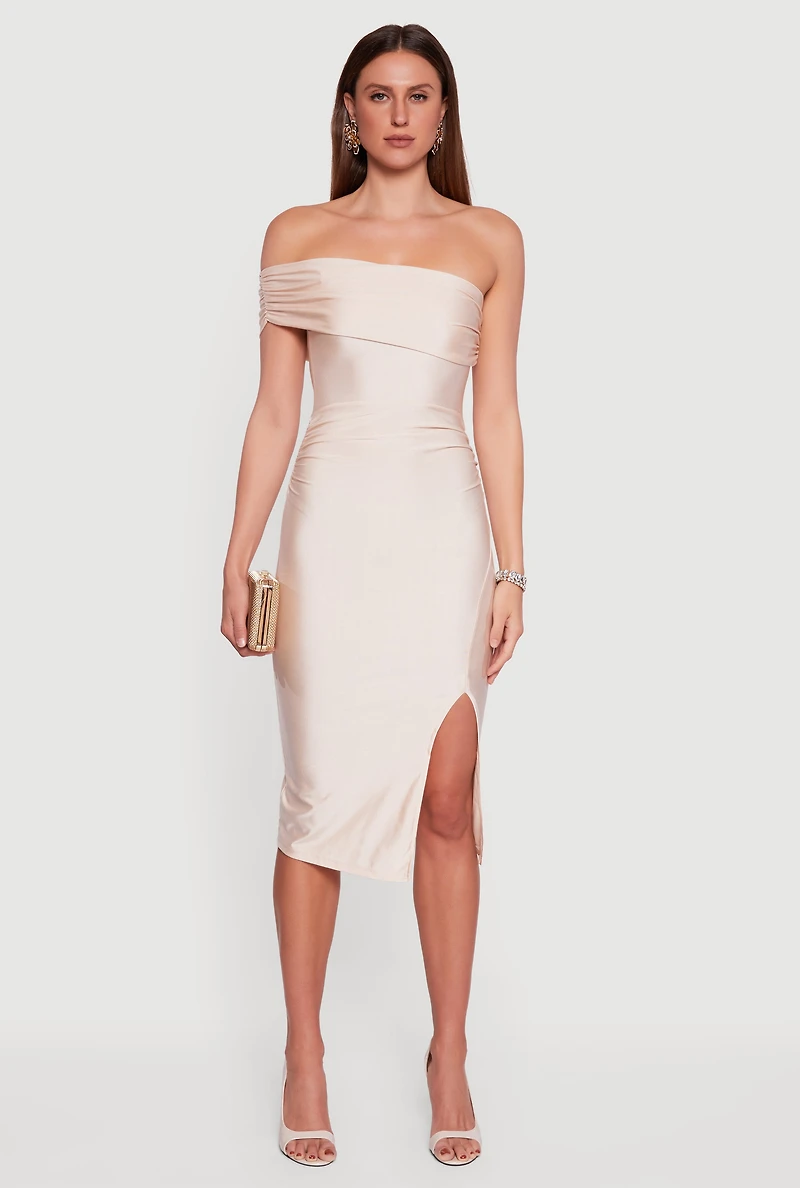 Womens Off the Shoulder Ruched Midi Dress with Side Slit, S