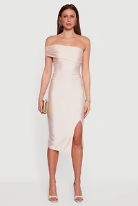 Womens Off the Shoulder Ruched Midi Dress with Side Slit, S