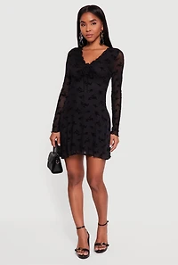 Womens Floral Velvet Burnout Mesh Overlay Skater Dress, Black, Size M