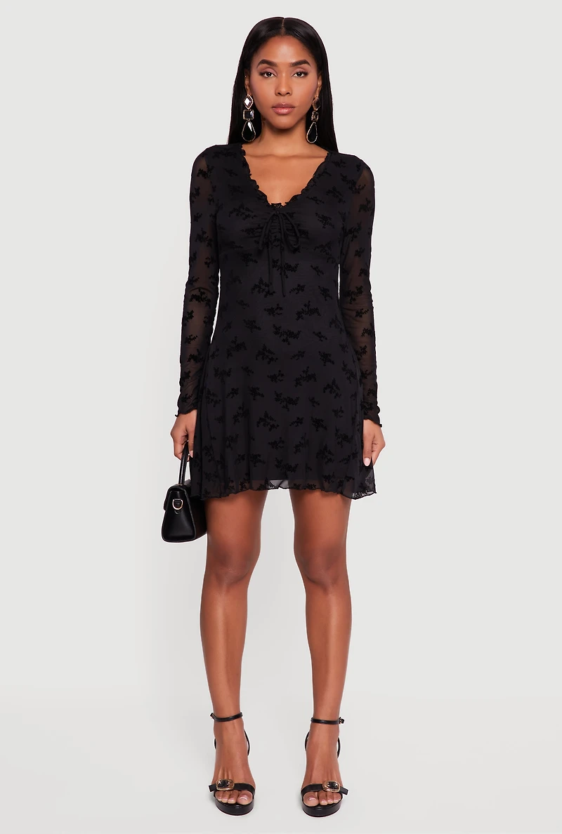 Womens Floral Velvet Burnout Mesh Overlay Skater Dress, Black, Size M