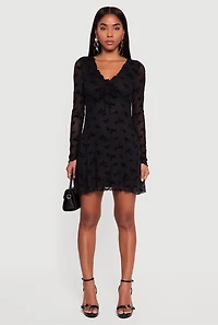 Womens Floral Velvet Burnout Mesh Overlay Skater Dress, Black, Size M