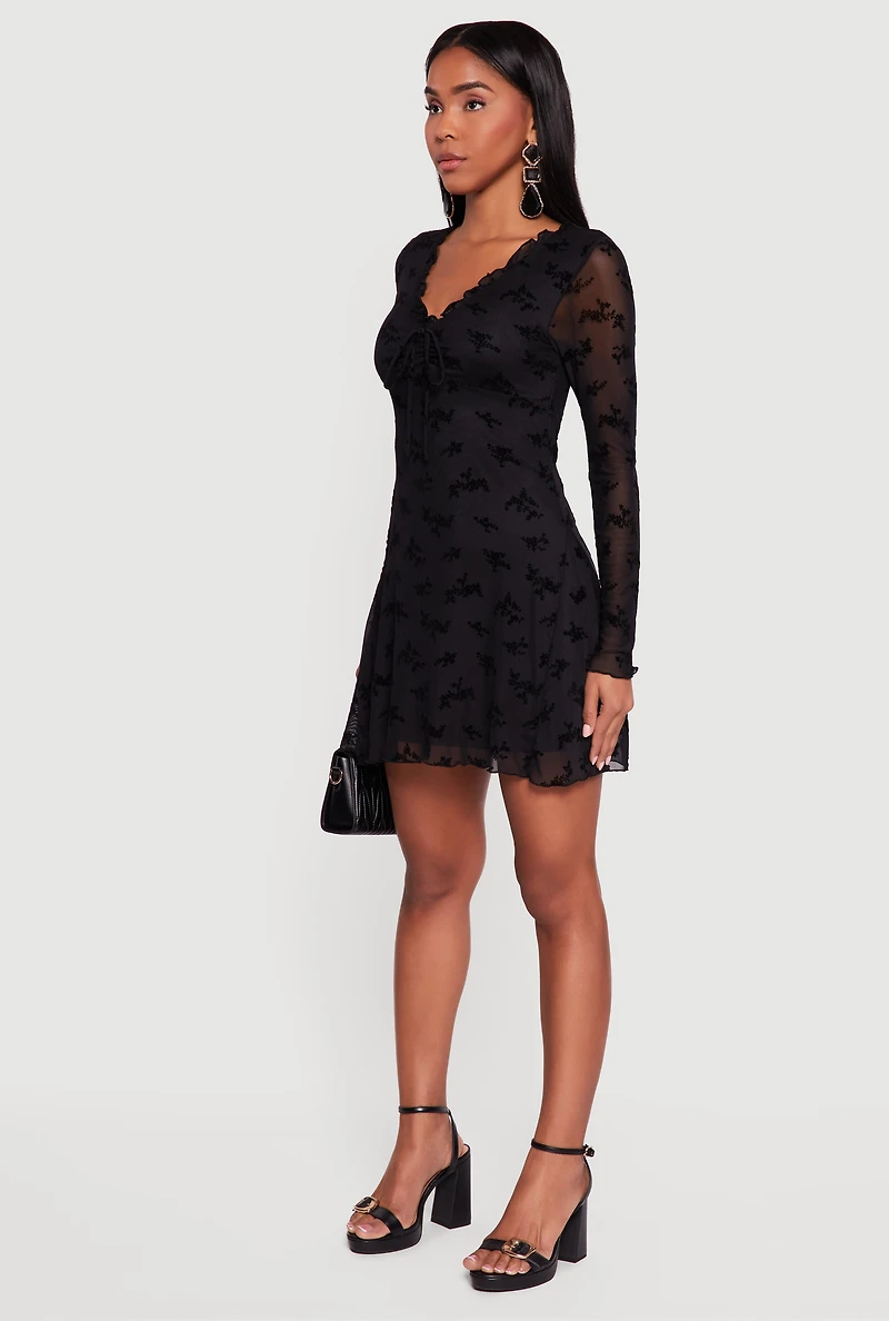 Womens Floral Velvet Burnout Mesh Overlay Skater Dress, Black, Size M