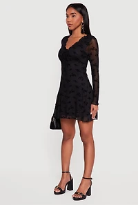 Womens Floral Velvet Burnout Mesh Overlay Skater Dress, Black, Size M