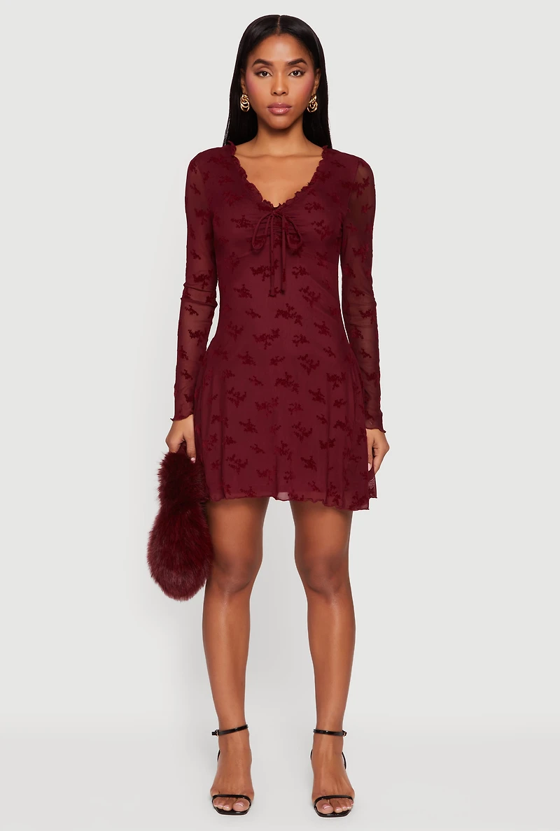 Floral Velvet Burnout Mesh Overlay Skater Dress