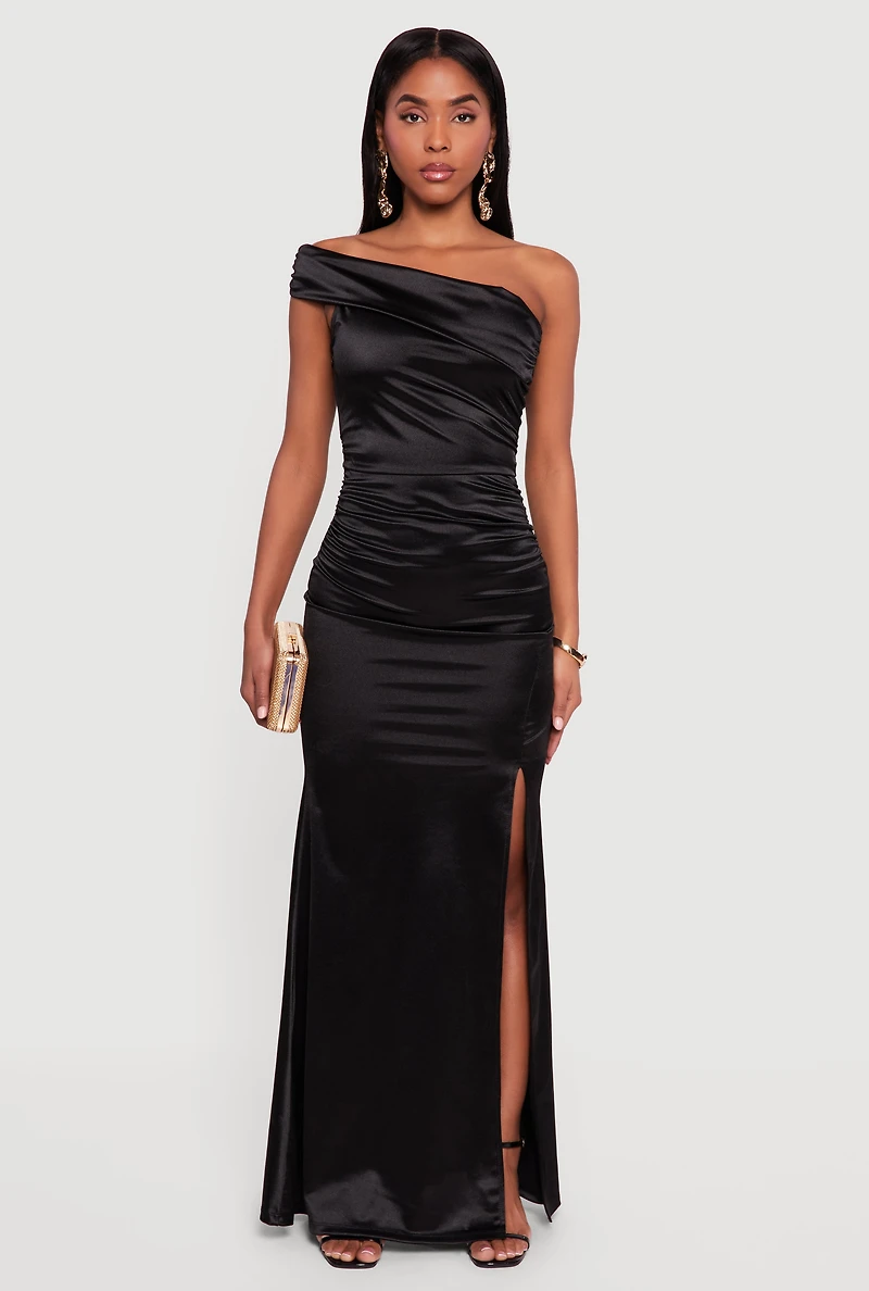 Womens Satin Asymmetrical Fold Over Off the Shoulder Maxi Dress,