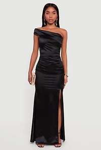 Womens Satin Asymmetrical Fold Over Off the Shoulder Maxi Dress,