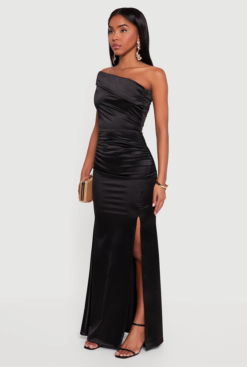 Womens Satin Asymmetrical Fold Over Off the Shoulder Maxi Dress,